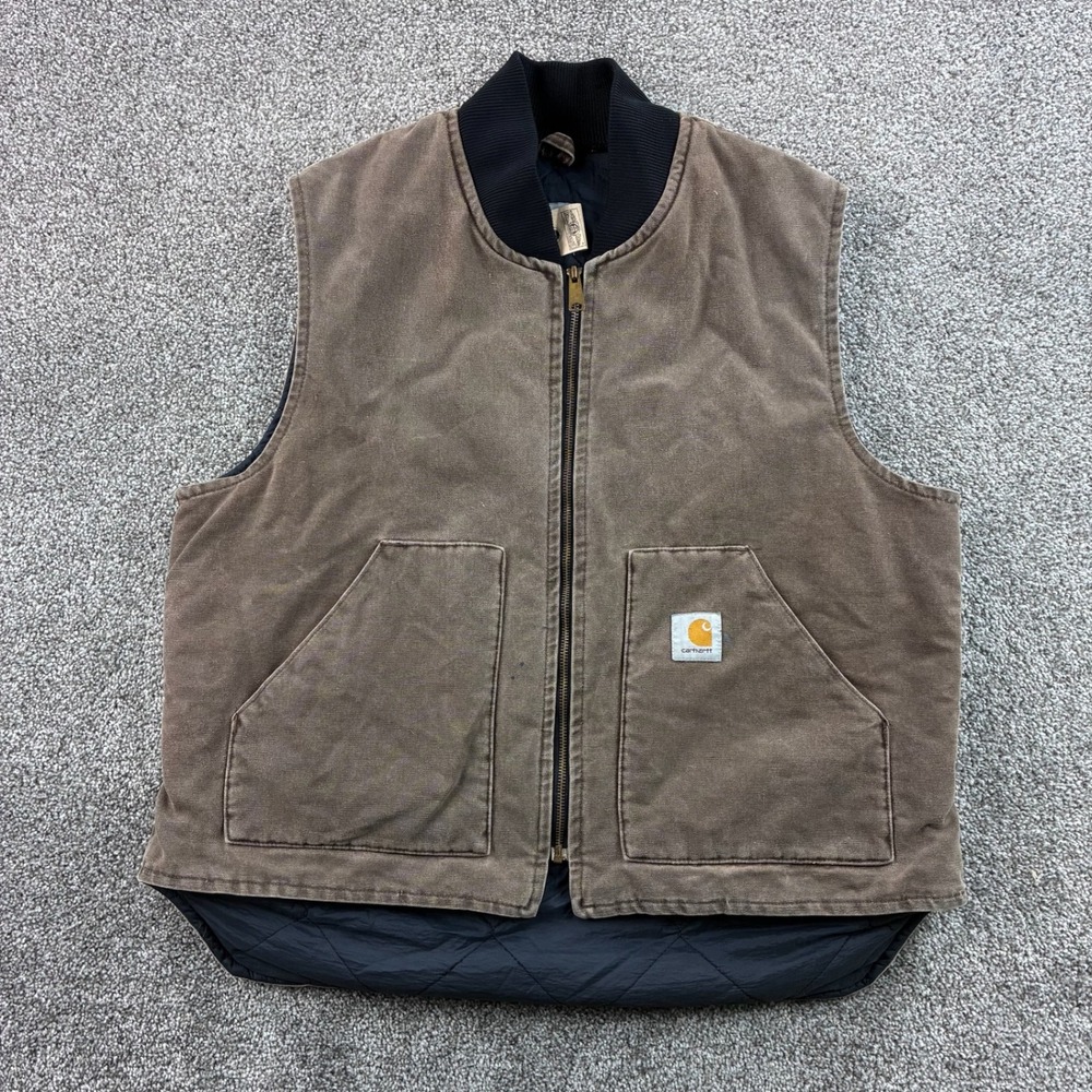 Vintage Carhartt Vest Mens XL Brown Cotton Duck Canvas Quilted Lined V02 CHT